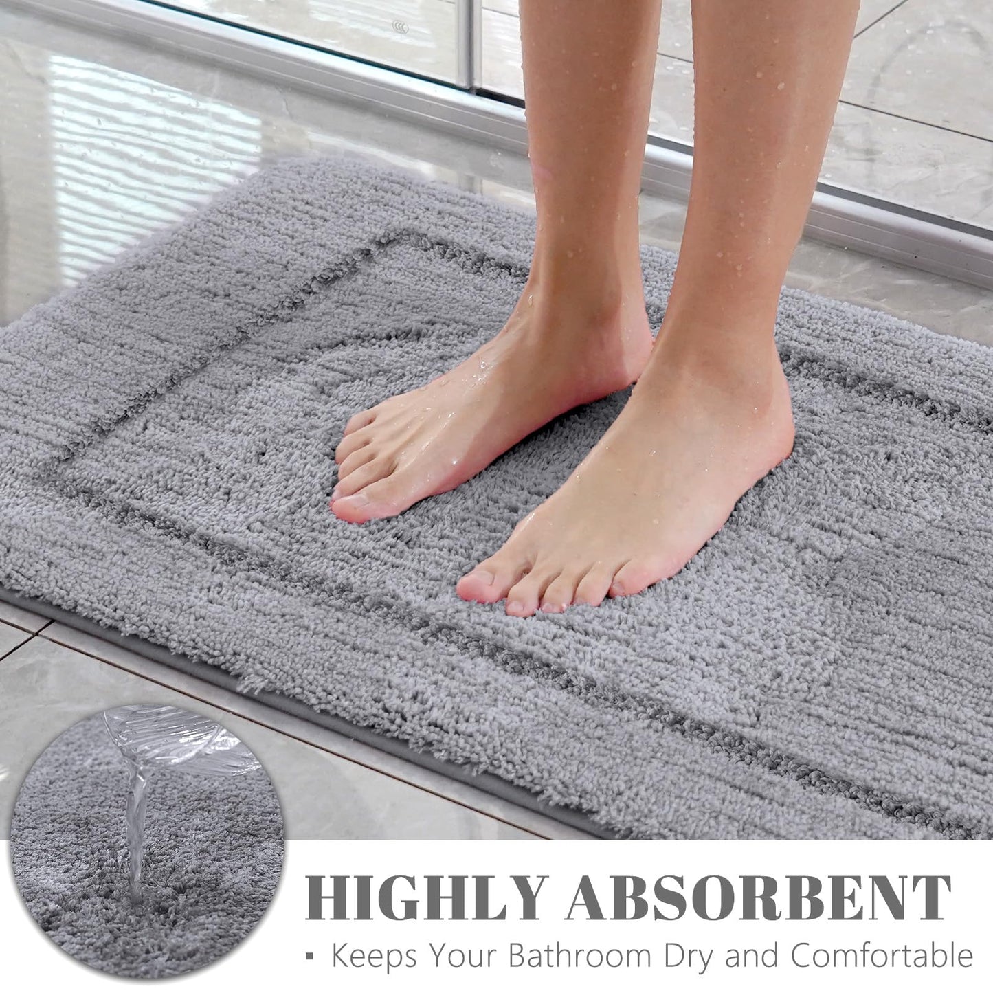 SOANNY Grey Bath Mat Set of 2, High Density Soft Microfiber Non-Slip Bathroom Mats with Water Absorbent, 53x86 cm Bathtub Rug & 50x50 cm Toilet Pedestal Carpet, Shower Rugs Machine Washable