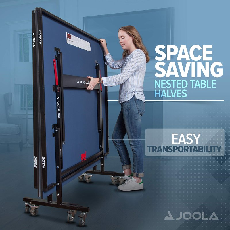 JOOLA Inside Professional MDF Indoor Ping Pong Table with Quick Clamp Table Tennis Net and Post Set - 10 Minute Easy Assembly - Tournament Quality - Foldable with Single Player Playback Mode, Blue