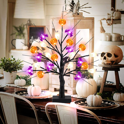 18 Inch Black Halloween Tree Light with 24 LED Pumpkin Bat Ghost Lights, Timer/USB/Battery Operated Halloween Lights Halloween Decorations Indoor Outdoor for Home Table Mantle Halloween Party Decor