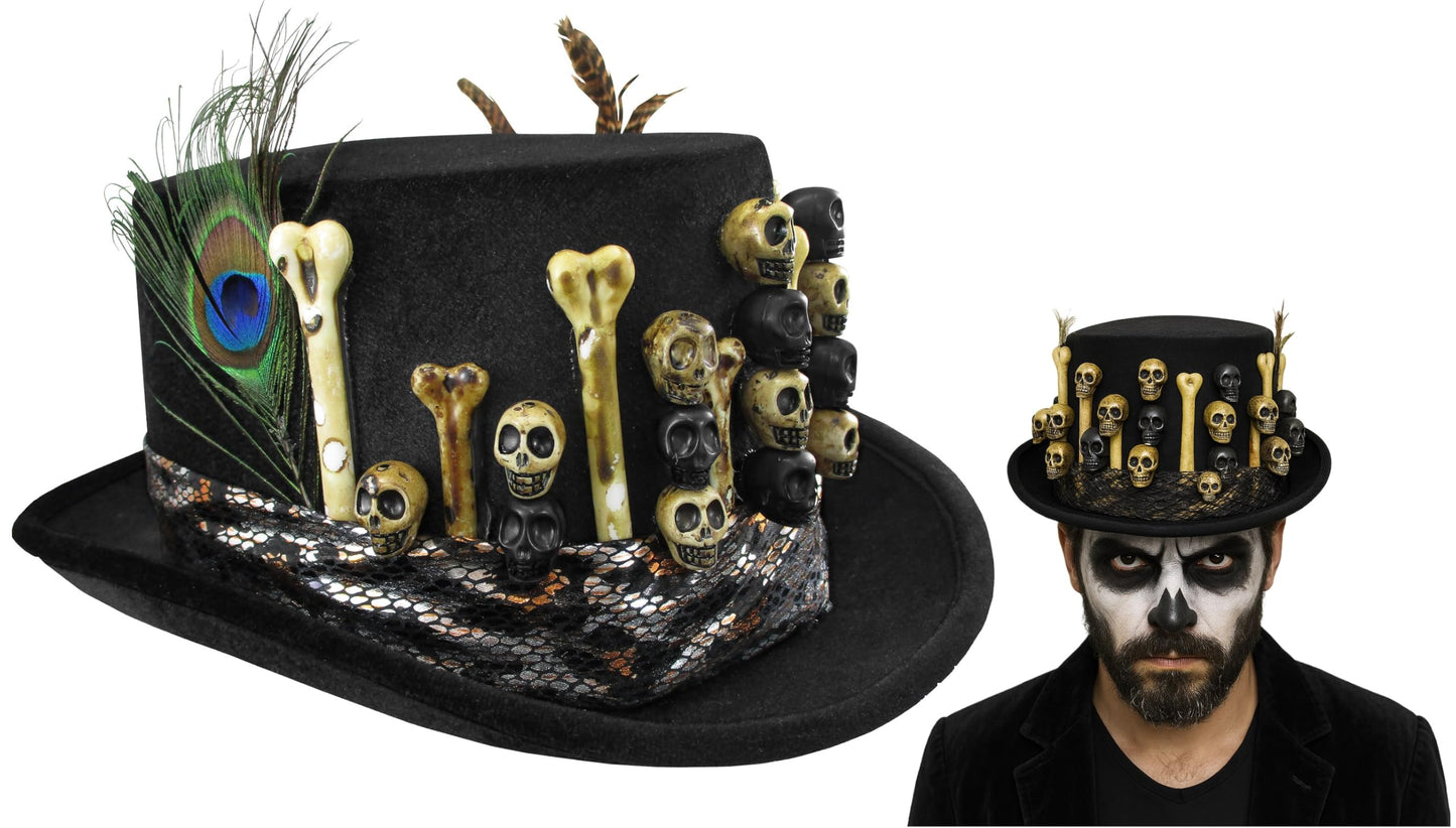 Nicky Bigs Novelties Deluxe Voodoo Top Hat – Gothic Costume Voodoo Hat with Skulls, Bones & Feathers – Mens Witch Hat for Halloween, Witch Doctor, Mardi Gras, and Themed Party Outfits