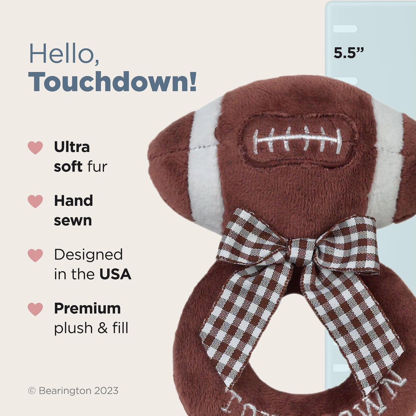 Bearington Baby Touchdown, 5.5 Inch Plush Stuffed Baby Football Soft Ring Rattle - Newborn Toys - Soft Rattle