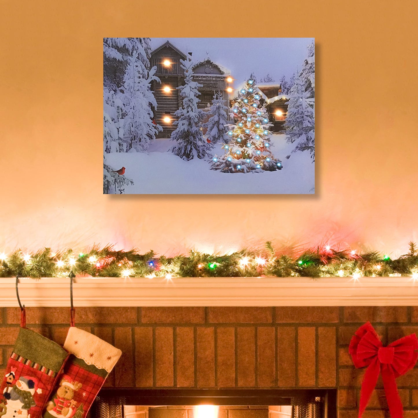 BANBERRY DESIGNS Lighted Wall Art - Cabin in the Woods Christmas Canvas Prints - Canvas Holiday Print with Cardinals Snow and Trees - LED - Measures 12" X 16"