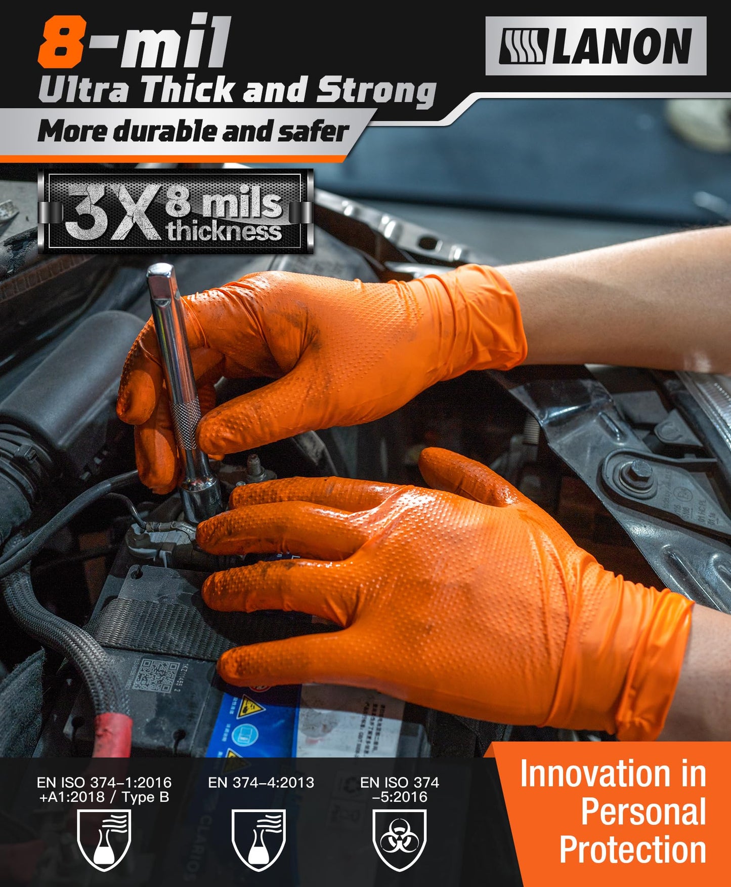 LANON 8-mil Orange Disposable Nitrile Gloves, Mechanic, Heavy Duty, Food Safe, Latex and Powder Free, Fully Diamond Textured, Large(Pack of 100)