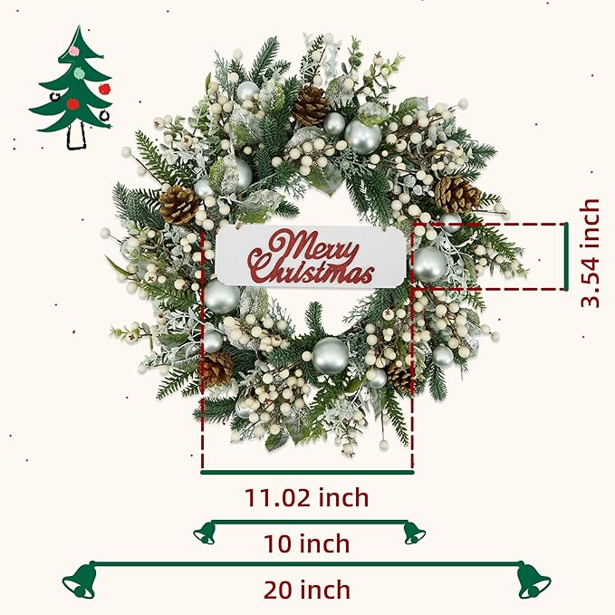 YNYLCHMX 20 Inch Winter Wreath for Front Door, Winter Wreaths with Welcome Sign Pine Needle Pine Cone Berry Artificial Door Wreaths for Window Wall Fireplace Farmhouse Holiday Party Decoration