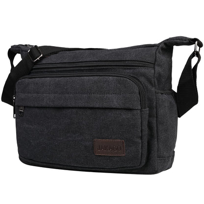 JAKAGO Messenger Shoulder Bag 13 Inch, Multi Pockets Canvas Crossbody Bag for Men/Woman,Casual Lightweight Satchel for Travel Outdoor Hiking Working Daily Use (Black)