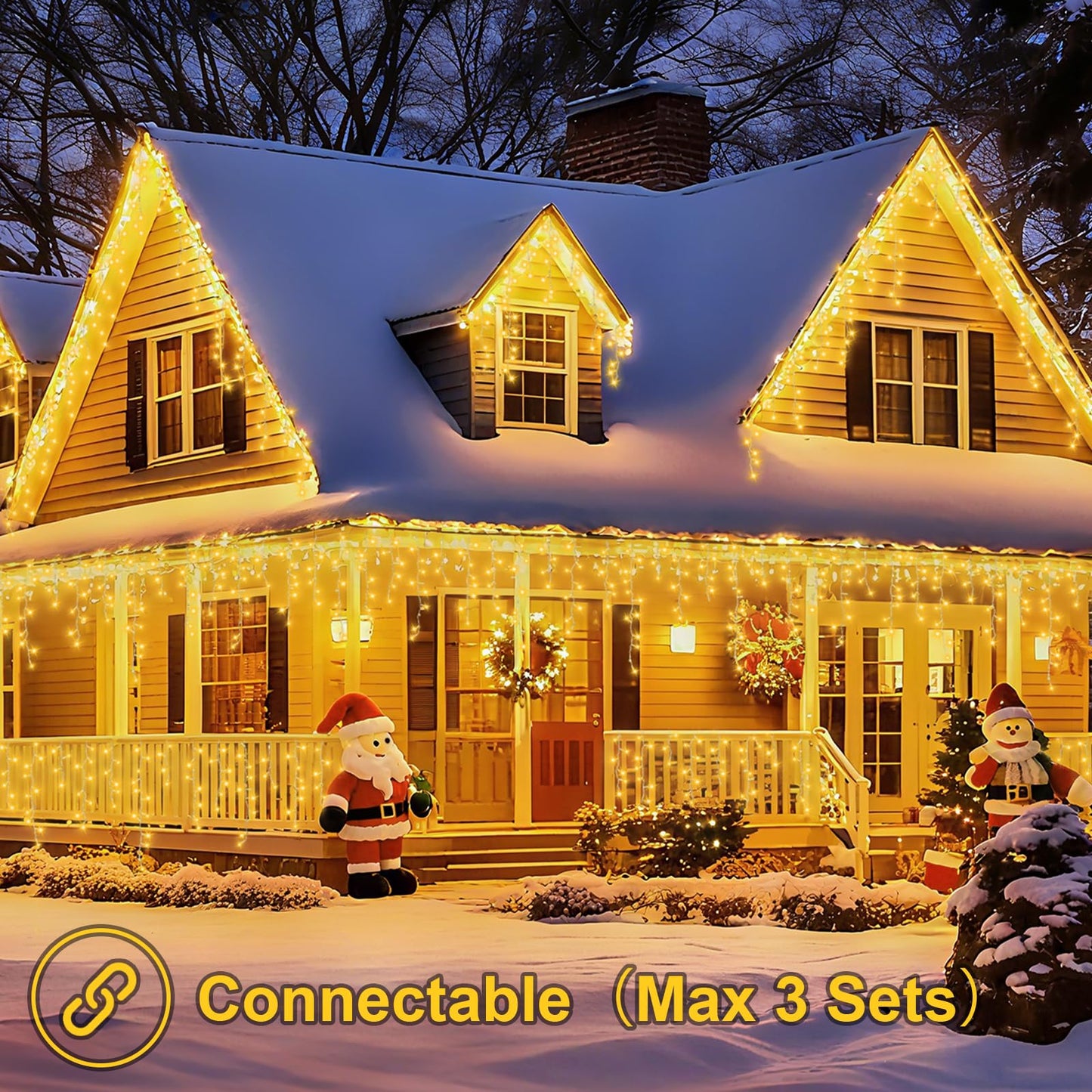 YEGUO 33ft 400 LED Icicle Lights Outdoor, 80 Drops Icicle Christmas Light Connectable, 8 Modes Warm White Xmas Icicle Lights with Timer Indoor