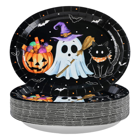 50Pcs Halloween Oval Paper Plates 10" x 12" Large Disposable Heavy Duty Cute Pumpkin Ghost Black Cat Paper Platters Jack-O-Lantern Dessert Plates for Halloween Birthday Holiday Party Supplies