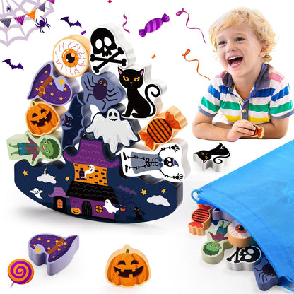 IPOURUP Halloween Toys for Kids 3-10 Kids Wooden Stacking Blocks Toy Birthday Gifts for 4 5 6 7 8 9 Year Old Boys Girls Toy Kid Balance Competition Games for Ages 5-7 Party Favors Boo Basket Stuffers