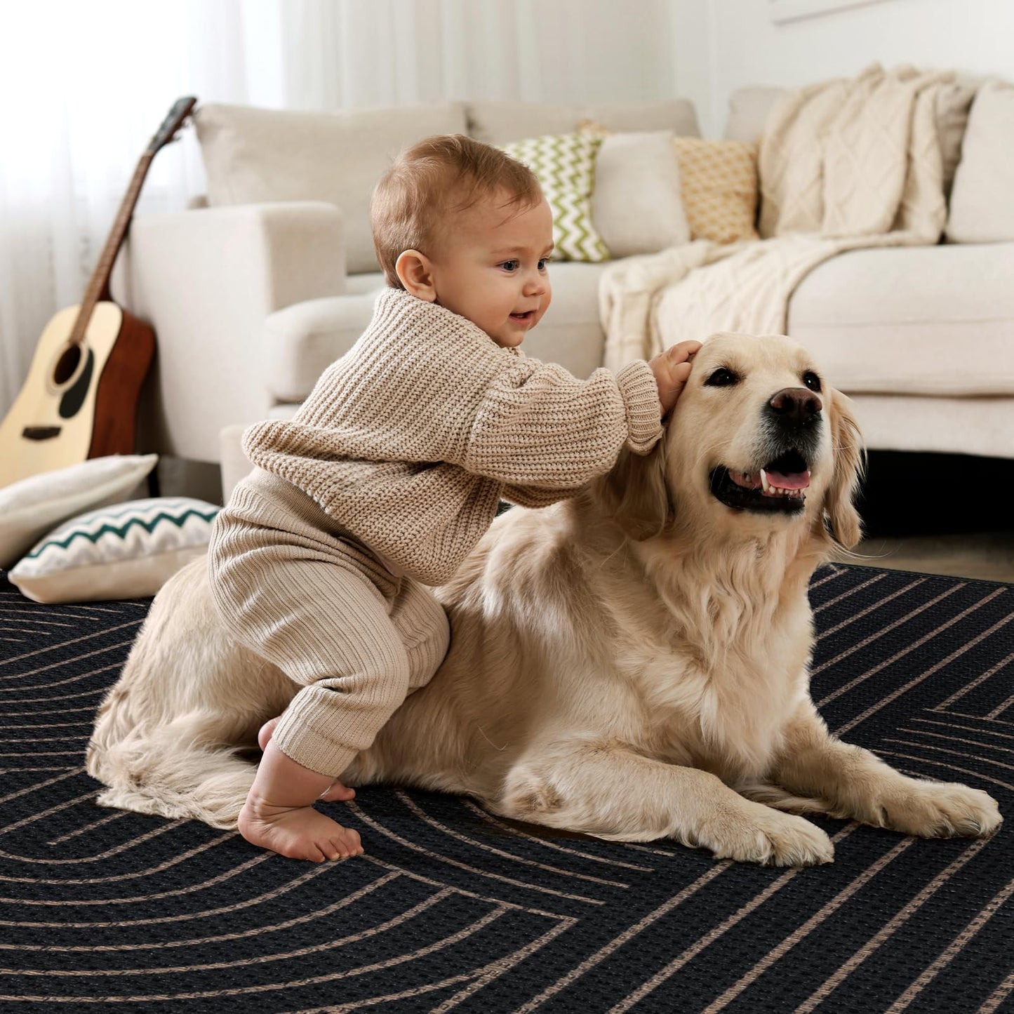 Tangsoo Modern Easy Jute 5x7 Area Rug for Living Room,Black Thin Washable Rug Non Slip Rubber Backing Indoor Outdoor Carpet,Farmhouse Throw Mat for Office Bedroom Backyard