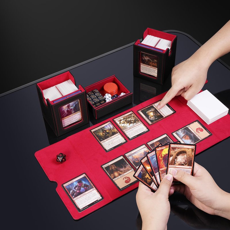 ZLCA Card Deck Box with Commander window Display, MTG Deck Box with Dice Tray Holds 200+ Double-Sleered Cards,Card Storage Case fit for YuGiOh,MTG,Sport (Black&Red)