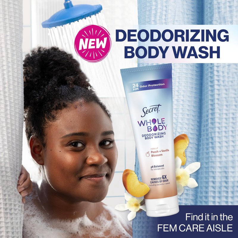 Secret Feminine Wash, 24 HR Deodorizing Feminine Body Wash for Women, Removes 6x Causes of Odor, PH Balanced, Safe to Use Everywhere, Peach & Vanilla Blossom Scent, 8.0 oz