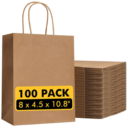 Brown Paper Bags with Handles Bulk 100Pcs 8x4.5x10.8 Inch Gift Bags Bulk, Brown Kraft Paper Bags for Retail, Party, Shopping, Favor