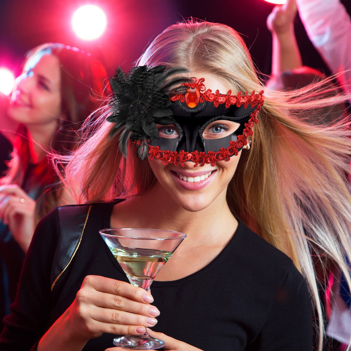 SIQUK Couple Masquerade Masks Plastic Venetian Party Mask Lace Halloween Costume Mask Rhinestone Mardi Gras Mask for Couples Women and Men