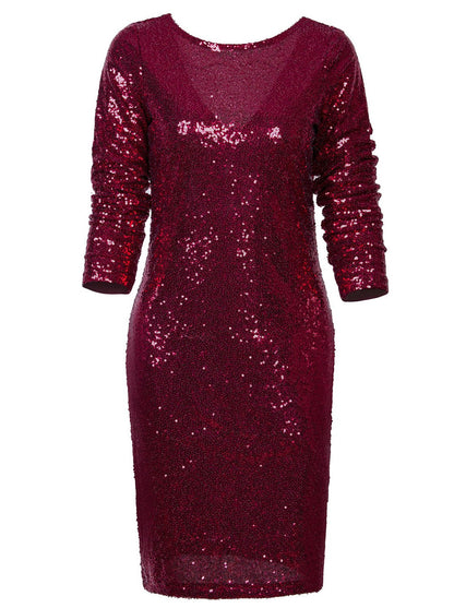 Vijiv Women's Long Sleeve Sequin Bodycon Cocktail Party Club Evening Mini Dress V Neck Red