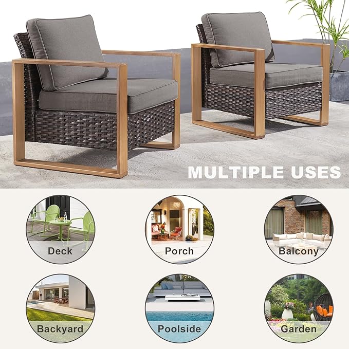Rilyson Wicker Outdoor Patio Chairs Set of 2, Rattan Patio Furniture Chairs with Sturdy Frame,All-Weather PE Wicker,Wide Armrest,Deep Seating and Thick Cushions for Deck Porch Garden(Brown/Grey)