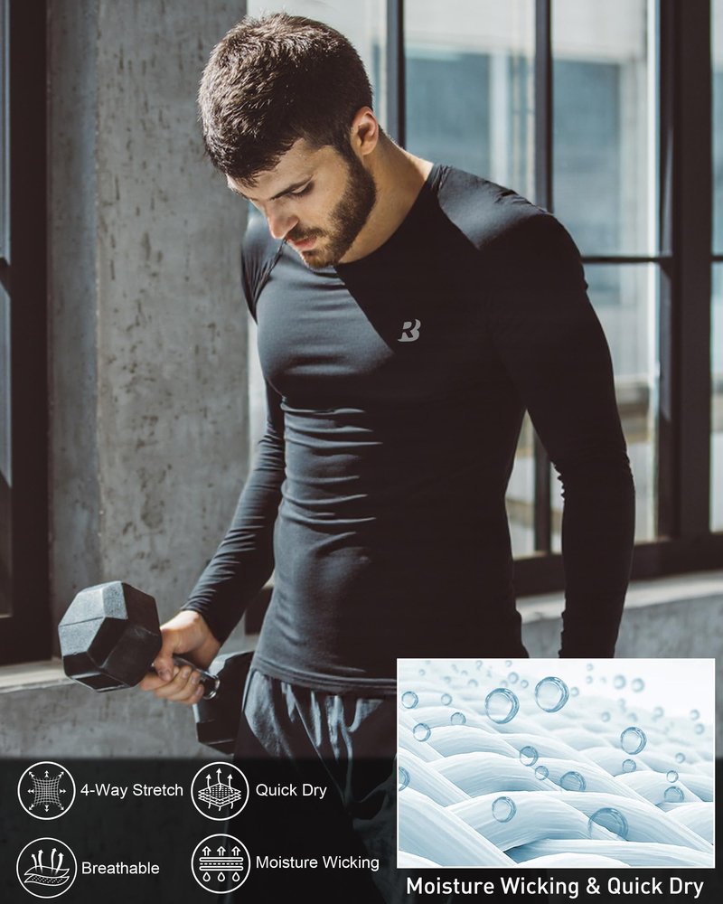 Roadbox Mens Compression Shirt, Cool Dry Long Sleeve Workout Shirts, Running Athletic Football Gym Base Layer Tops UPF 50+ Black