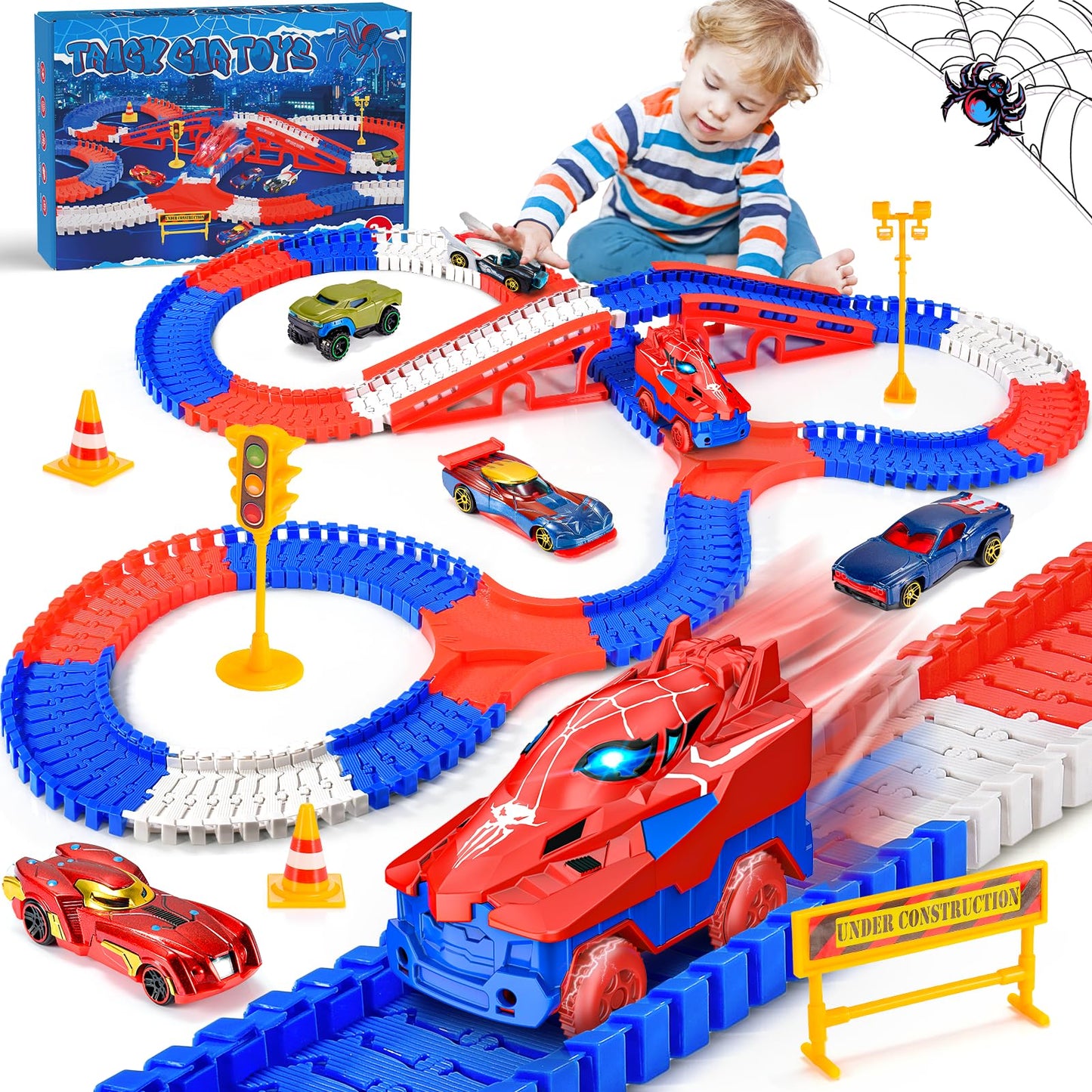 Aetyni Spider Toys for Boys 3-4: 251 PCS Spider Race Track with 5 Alloy Cars Toys for 3 4 5 6 Year Old Boys Car Tracks for Kids Toddler Boy Age 3-5 4-6 6-8 Birthday Gifts