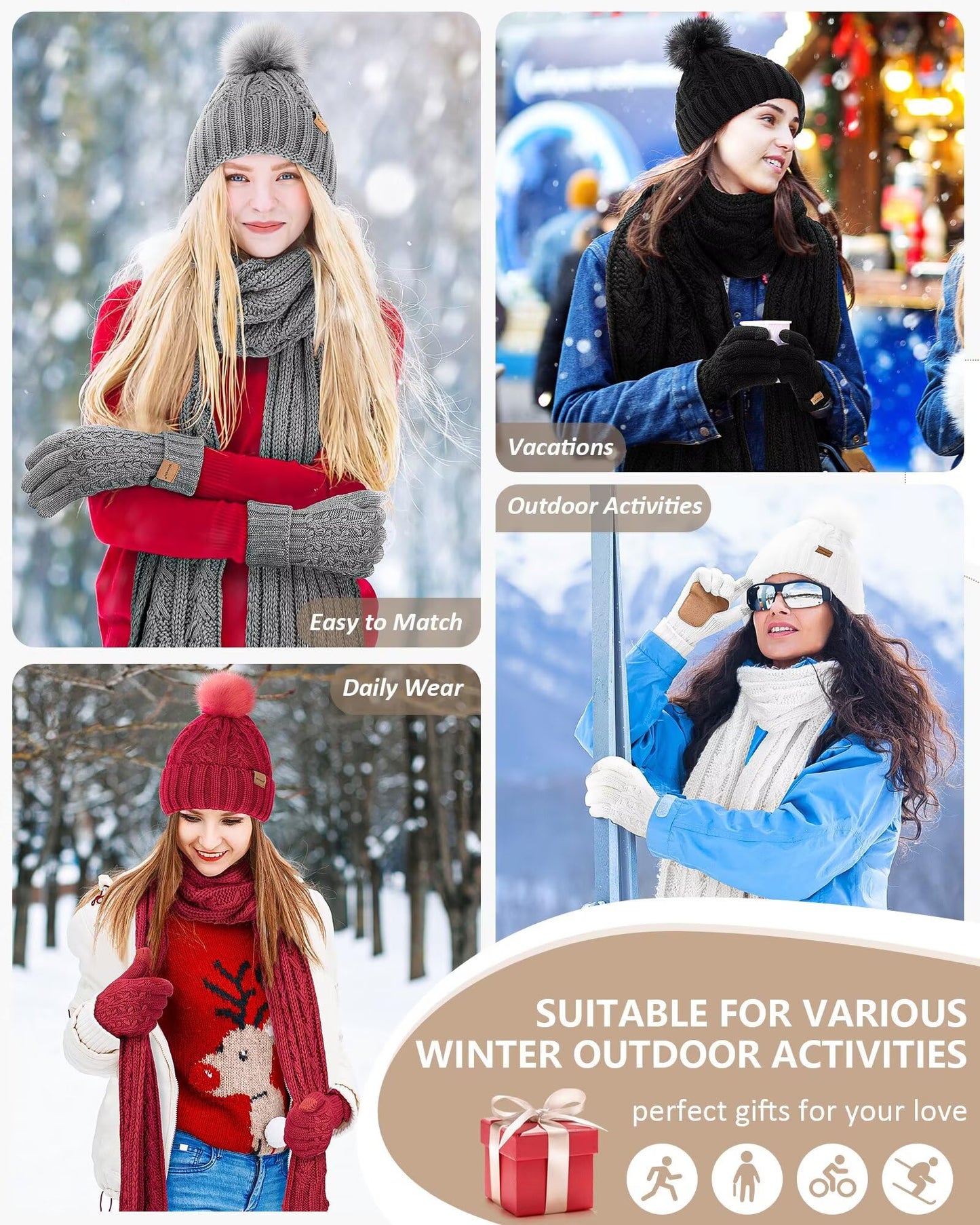 Womens Beanie Hat Scarf Gloves Set, Soft Fleece Lined Winter Hat with Pom Pom, Long Knit Scarf Neck Warmer Touchscreen Gloves for Cold Weather, 3 in 1 Warm Set Stocking Stuffers for Women(Oatmeal)