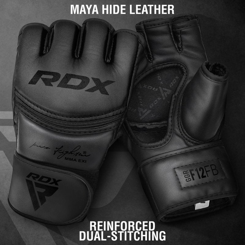 RDX MMA Gloves Grappling Sparring, Maya Hide Leather, Boxing Gloves Men Women Muay Thai Martial Arts Training, Half Finger Adjustable Mitts Wrist Support Kickboxing Cage Fighting Punching Bag Workout