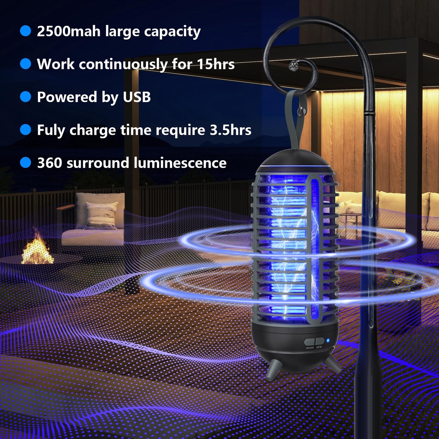 Bug Zapper Outdoor Rechargeable 2 in 1 Wireless Mosquito Killer Lamp 2500mAh Bug Zapper Electric Trap Ideal Fly Zapper Indoor for Patio, Home, Backyard, Yard, Garden, Campsite (Black) 1