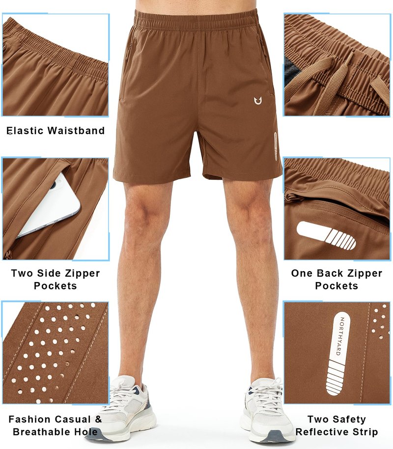 NORTHYARD Men's Athletic Running Shorts Gym Workout 7"/9"/5" Quick Dry Lightweight Sports Basketball Tennis 3 Zipper Pockets BROWN-5inch 2XL