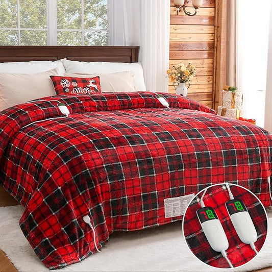 Heated Blanket Electric, Queen Size 84X90, Heating Blanket with 10 Heating Levels/8 Hours Auto Off/Dual Control for Bed, Red Checkered Sherpa Blankets Warmer for Adults, Christmas Blankets