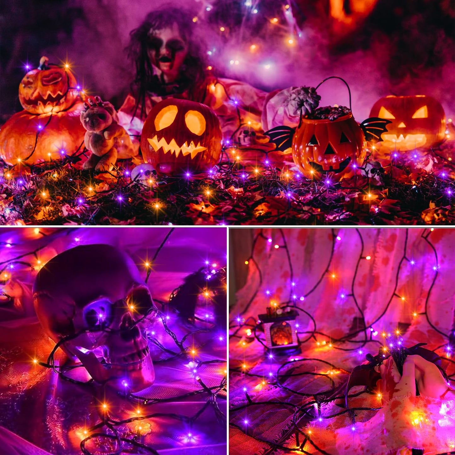 4 Pack Orange Purple Halloween String Lights Battery Operated, Each 16.4Ft 50 LED Indoor Halloween Lights with Timer 8 Modes for Party Yard Patio Decoration