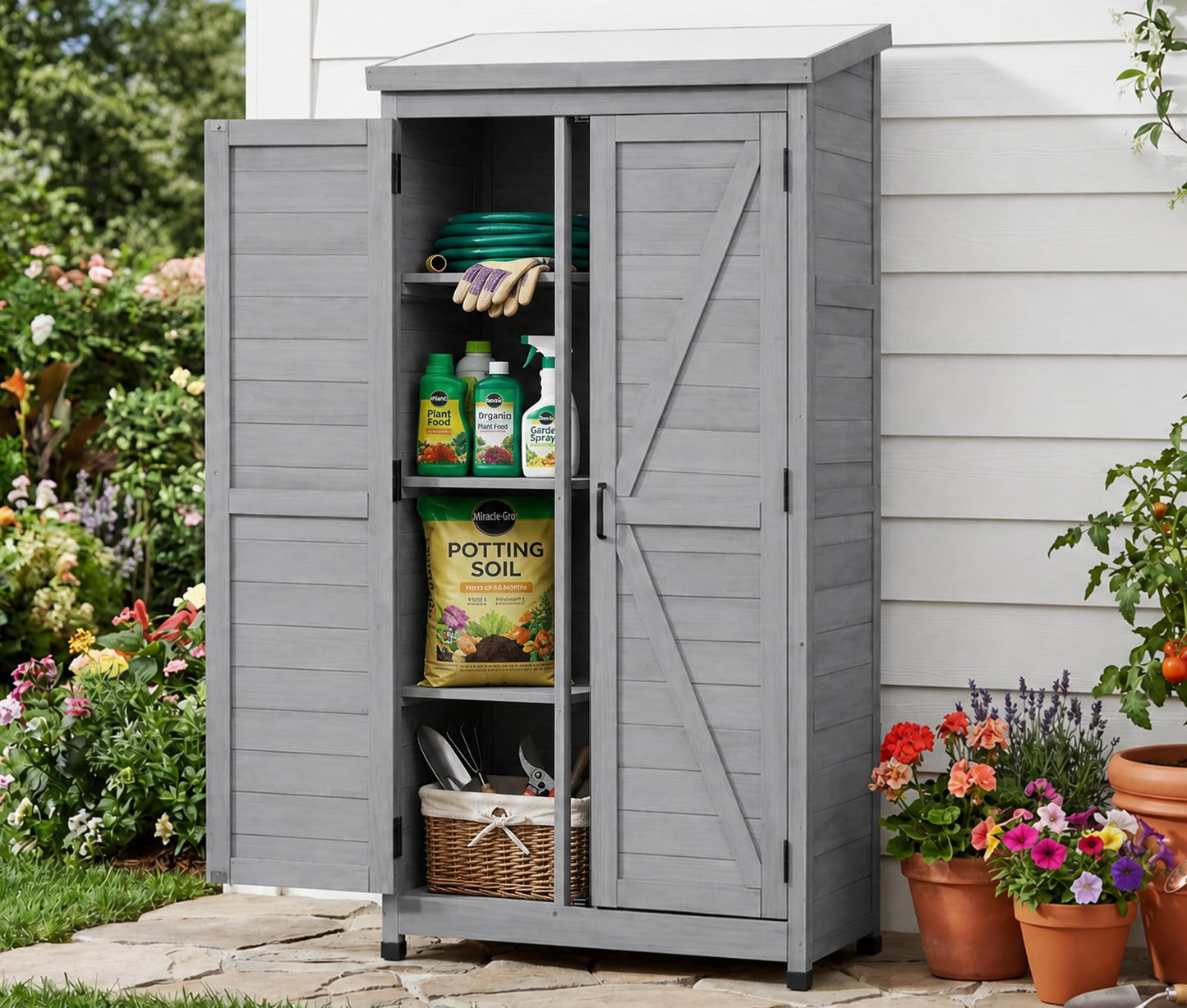 68''x33''x20'' Outdoor Wooden Storage Shed with Metal Top Tall Vertical Tool Cabinet for Backyard Garden Patio Lawn (Grey)