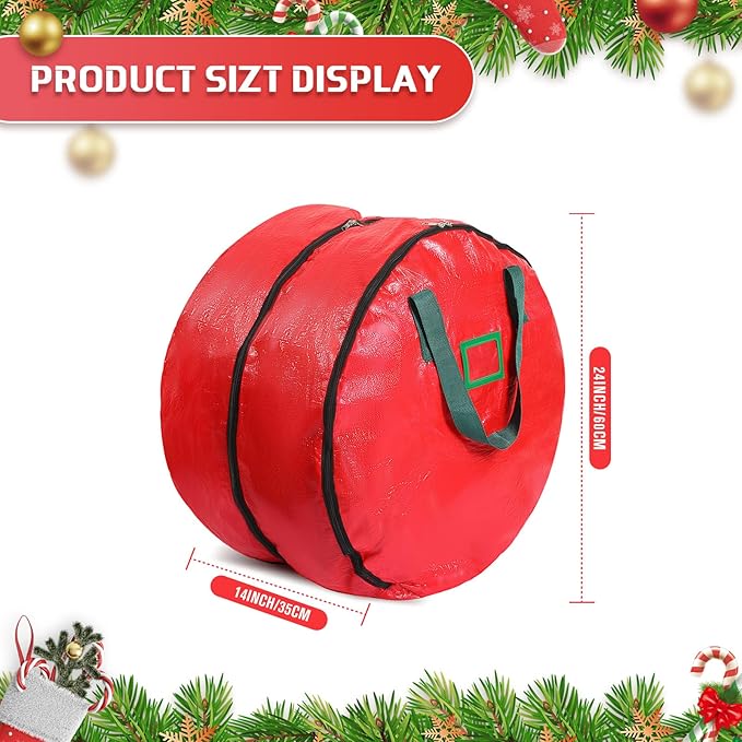 Double Layer Christmas Wreath Storage Container Bag Wreath Storage Pure Color Seasonal Garland Holiday Container Festive Box with Dual Zippers and Handles for Xmas(24 Inch,Red)