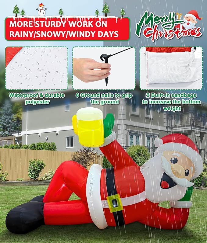 EAONE 12FT Christmas Inflatable Outdoor Decoration, Christmas Blow Ups Yard Decorations Giant Inflatable Santa Claus Lying Flat with Built-in LED Lights for Yard, Garden, Lawn, Home Xmas Holiday Decor