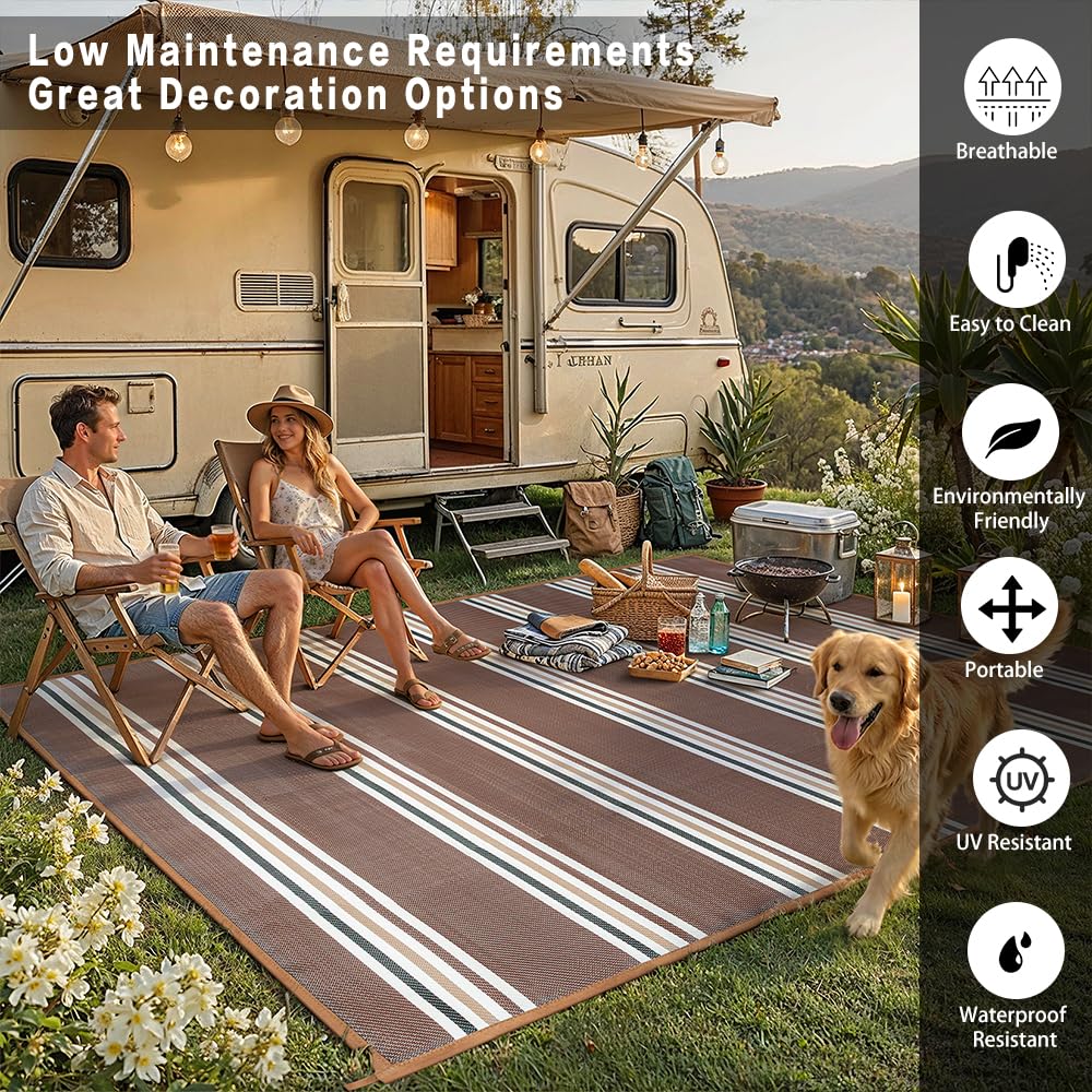 PureCozy Outdoor Waterproof 5x8 Rug for Patio Reversible Plastic Straw Brown Striped Camping Mat Outside Lightweight Large Floor Mat for RV Deck Beach Balcony Picnic Backyard Entry Porch