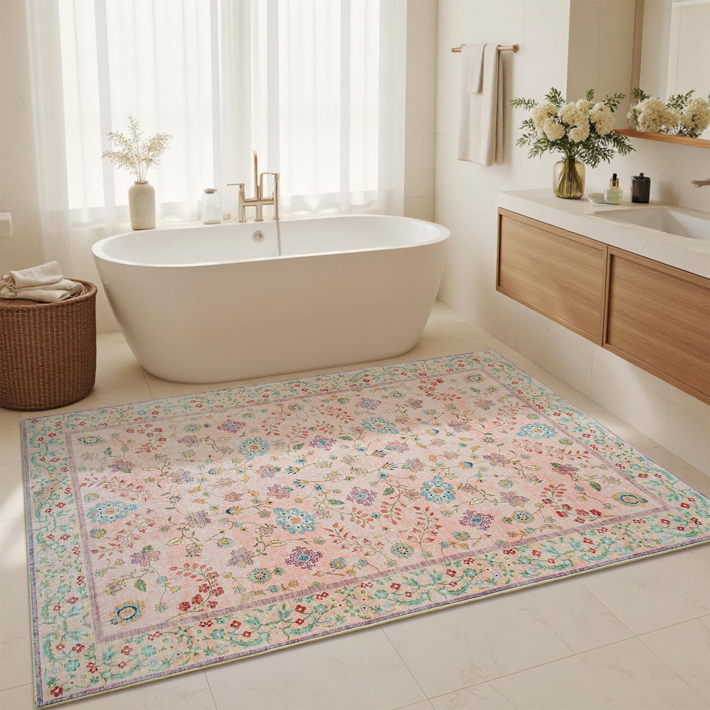 Goideal Pale Pink Rug for Girls Room, 4x6 Floral Washable Area Rug Non Slip, Boho Low Pile Carpet with Rubber Backing for Bedroom Living Room Bathroom Playroom Nursery Office