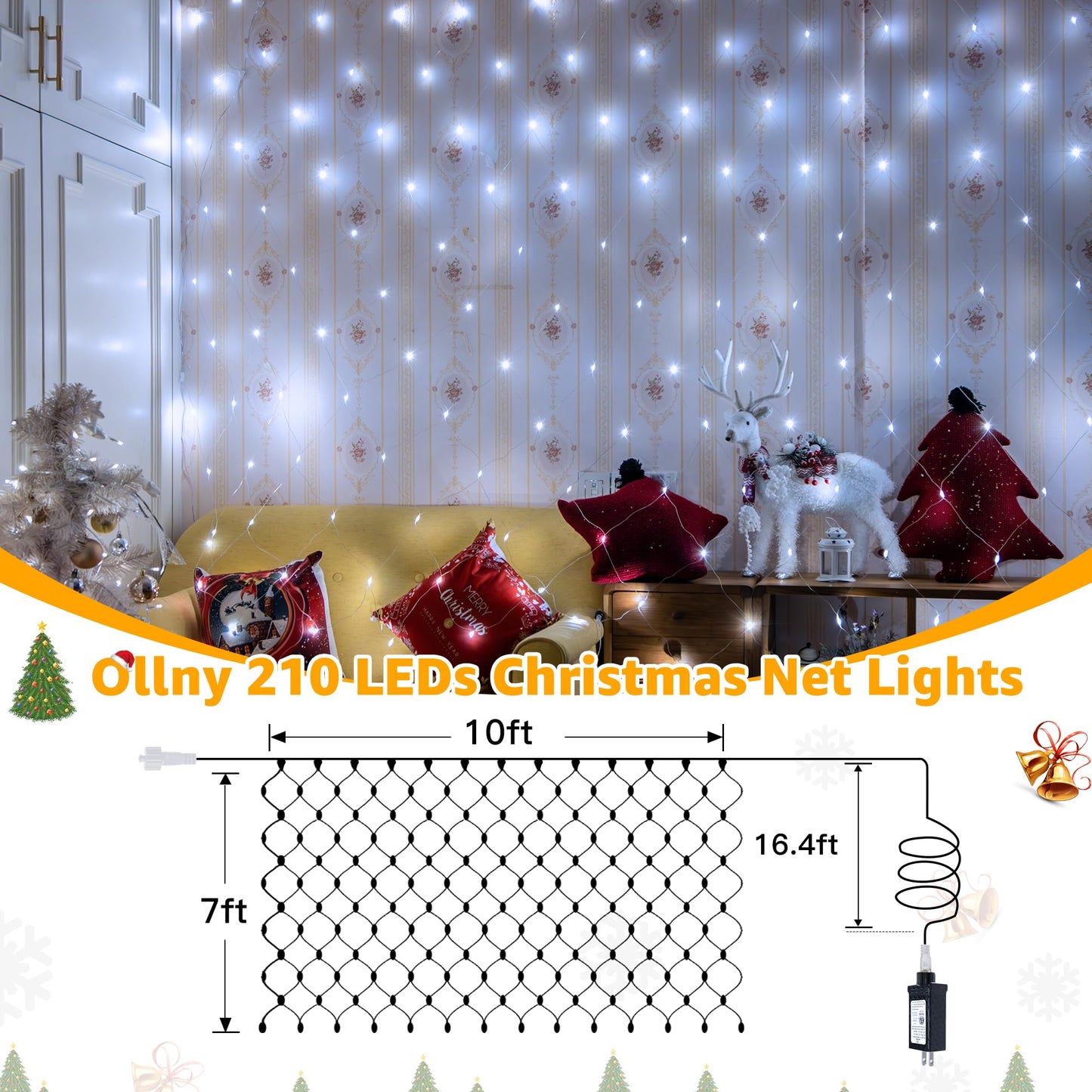 Ollny Net Lights Outdoor Mesh Lights IP67 Waterproof, 210LED 10x7ft Cool White Christmas Net Lights, Connectable Remote 8 Modes Tree Light for Bushes Shrubs Lawn Indoor Decorations