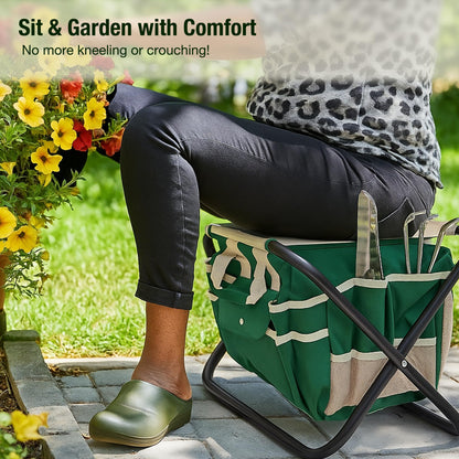 GardenHOME Garden Tool Set, Stainless Steel 7 Piece Tool Set, Heavy Duty Folding Stool, Detachable Canvas Tote Bag, Gardening Tool Kit Organizer