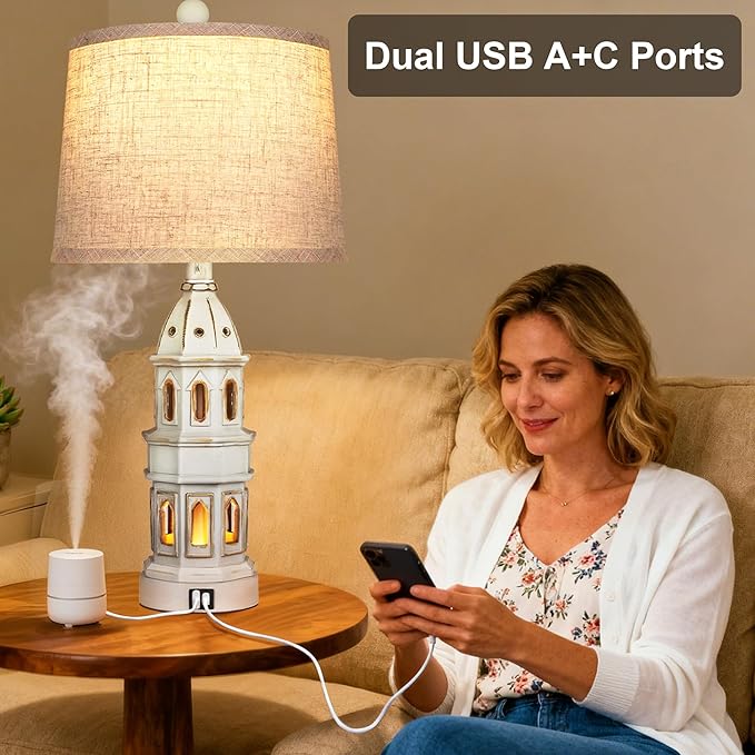 PARTPHONER Coastal Table Lamps Set of 2, Beach Lamps for Living Room with USB A+C, Nautical Lighthouse Lamps, Modern Bedside Nightstand for Bedroom, End Table and Reading