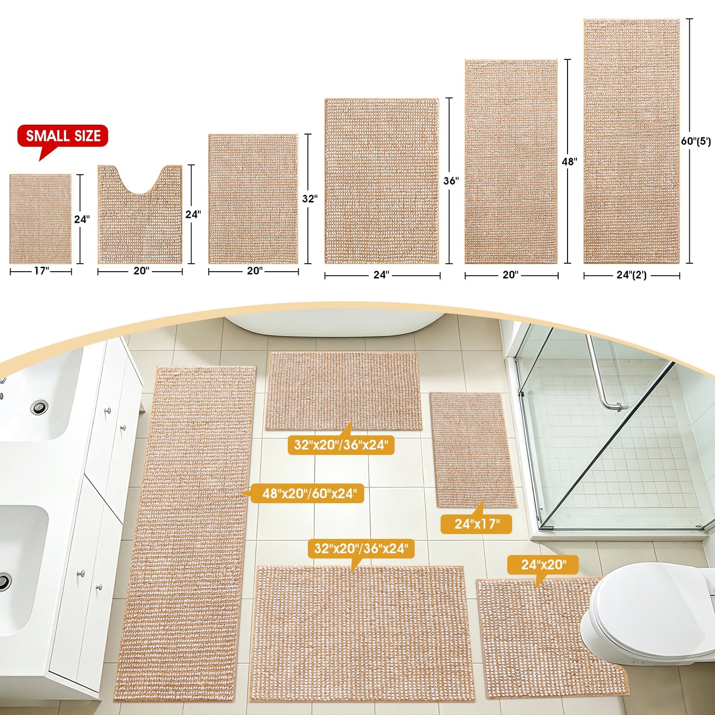 ACCUMTEK Chenille Spliced with Fluffy Cut Pile Absorbent Bath Mat, Thick Plush Bath Rug - Ultra Soft Skin-Friendly, Machine Washable Non-Slip Toilet Mat Set 3 Piece, Beige & White