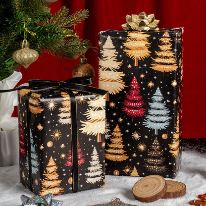 Garbendy Christmas Wrapping Paper Roll - 17 Inch X 32.8 Feet - Colorful Gold ChristmasTree Forests Design with Cut Lines on back for Christmas, Holiday, Party, Celebration