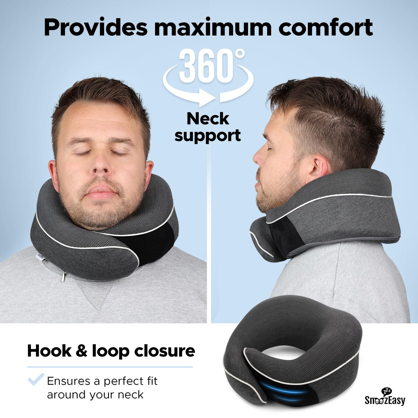 SnoozEasy™ Travel Pillow for Adults | Memory Foam 360 Degree Neck Support with Removable Pillow Case | Includes Travel Bag, Eye Mask and Ear Plugs | Dark Grey | UK Brand