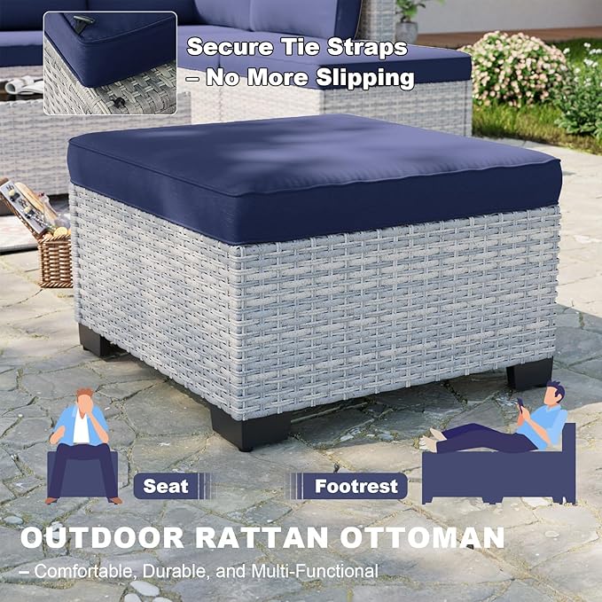 9-Piece Patio Furniture Set, Outdoor Sectional with Ottomans, Modular Patio Sofa, Dual-Strand Wicker Rattan, Rust-Resistant Frame, Backyard Furniture for Garden, Deck, Navy Blue