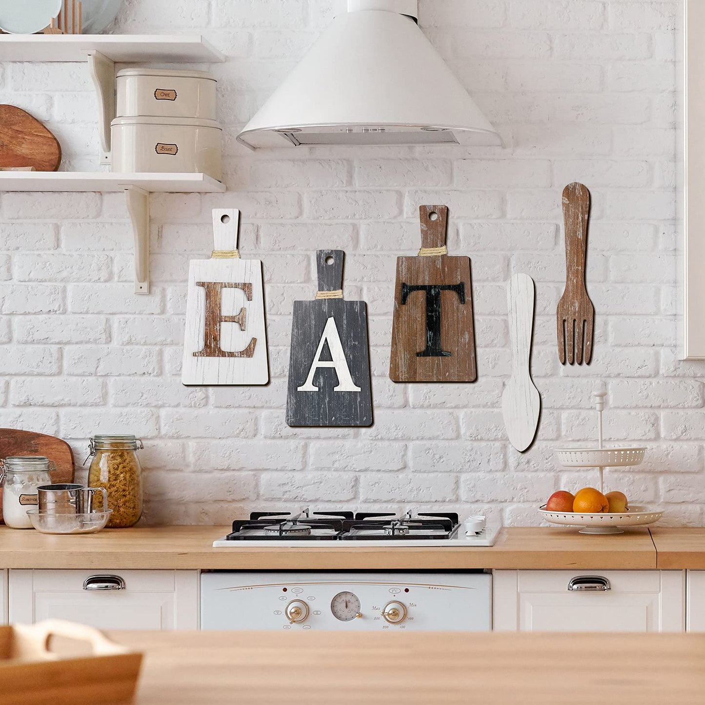 Jetec Cutting Board Eat Sign Set Hanging Art Kitchen Eat Sign Fork and Spoon Wall Decor Rustic Primitive Country Farmhouse Kitchen Decor for Home Decoration(White, Grey,brown)
