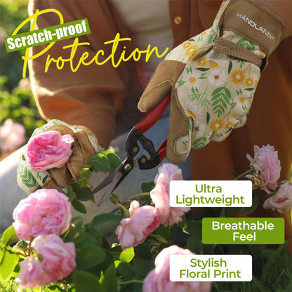 HANDLANDY Gardening Gloves for Women, Utility Goatskin Leather Safety Work Gloves Breathable Ladies Leather Garden Yard Gloves, Best Gift for Gardeners, Large