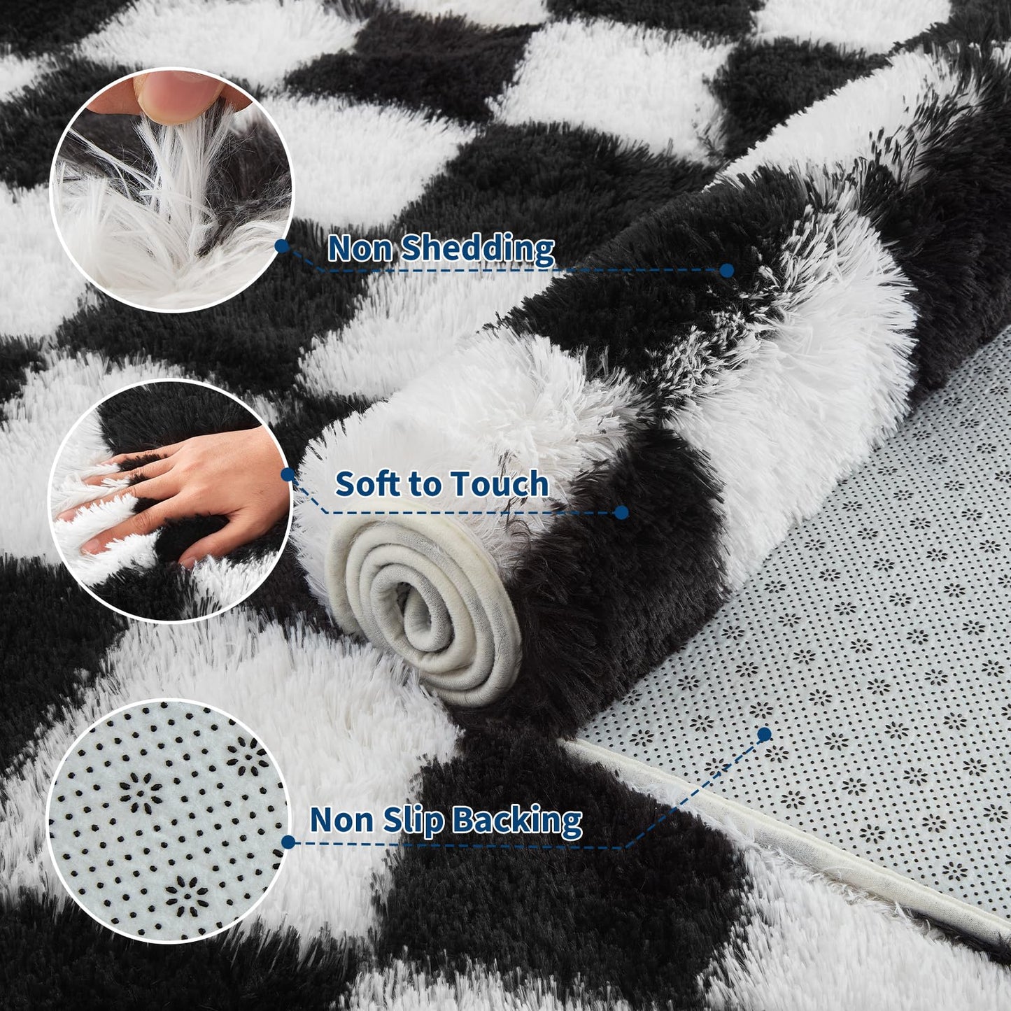 Garvee Checkered Area Rug 9x12 Large Rug Thick Super Soft Shaggy Rugs Fluffy Carpet Fluffy Fuzzy Shag Washable Rugs for Living Room Nursery Bedroom Luxury Playroom Teen Plush Carpets,Black and White