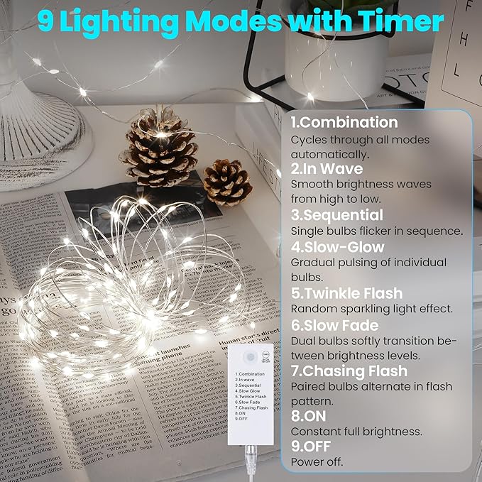 Mlambert LED Fairy Lights Battery Operated with Timer, Rechargeable Mini Twinkle Lights for Christmas Decor Holiday Party, 65.6FT(16.4x4), Cool White