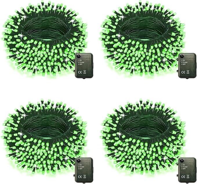 Green Halloween String Lights Battery Powered, 4 Pack Total 66.6 FT 200 LED Christmas String Lights for Indoor Outdoor Decoration, Twinkle Fairy Light for Home Party Room Xmas Tree Decoration