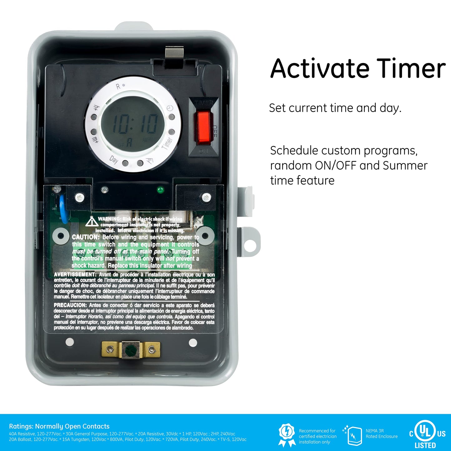 GE 7-Day Digital Pool Timer, 2HP 40A Load Capacity Pump Switch, Outdoor NEMA 3R-Rated Box, Universal Voltage Replacement, Water Heater Control, Tamper Resistant Metal, 46537