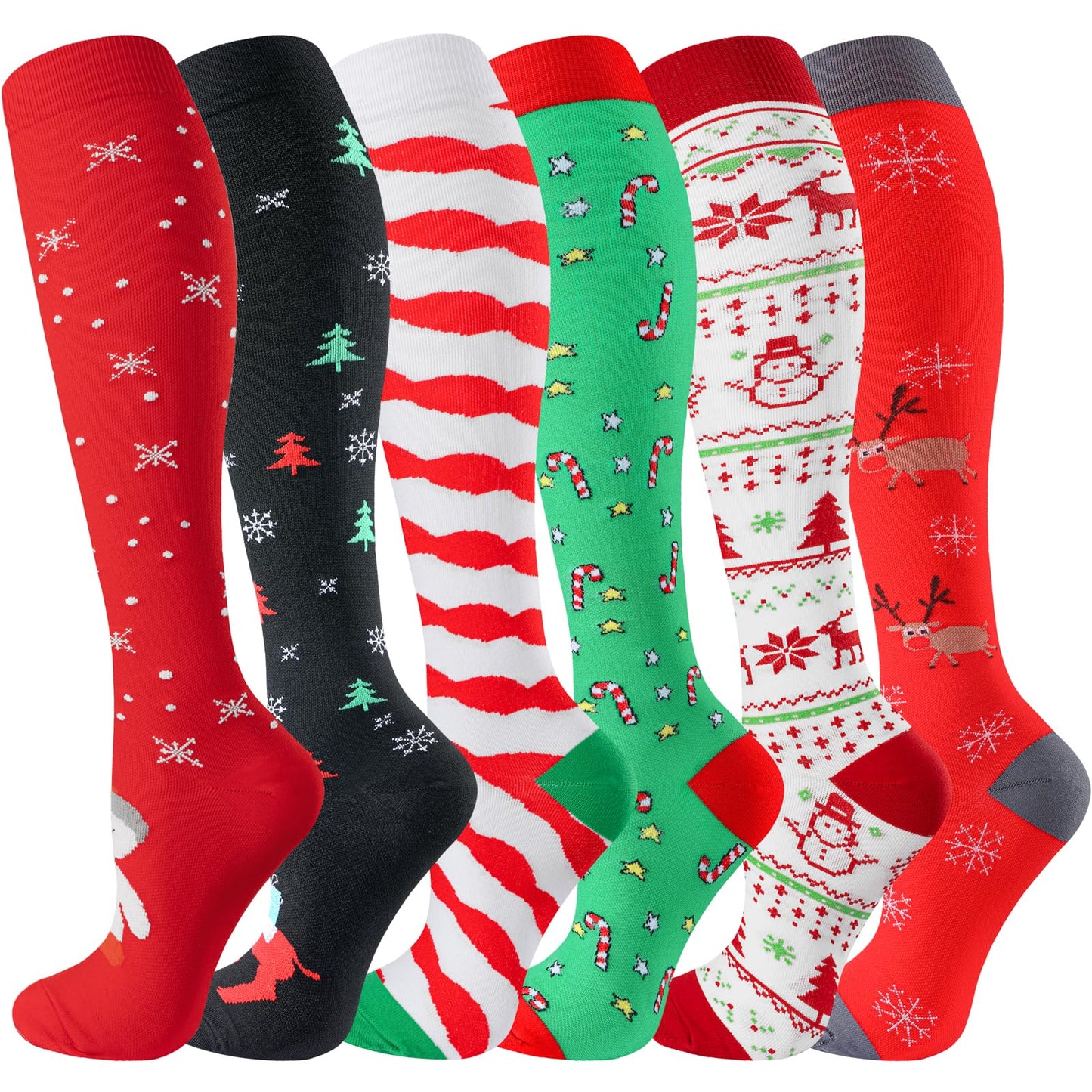 cerpite Christmas Compression Socks for Women & Men Circulation 6 Pairs Compression Socks 20-30 mmhg Best for Running,Nurse,Travel