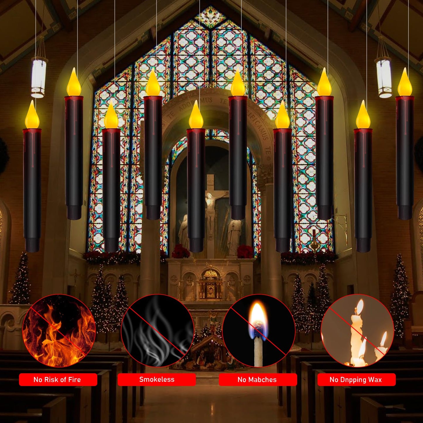 Floating Candles With Remote - 10 PCs Magic Hanging Flameless Taper Lights, Flickering Warm Battery Operated LED Window Decor for Home, Church, Horror Party, Halloween - Black