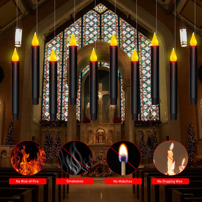 Floating Candles With Remote - 10 PCs Magic Hanging Flameless Taper Lights, Flickering Warm Battery Operated LED Window Decor for Home, Church, Horror Party, Halloween - Black