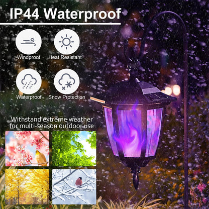 Dynaming 4 Pack Solar Halloween Flame Hanging Lights Outdoor, Flickering Flame LED Garden Lanterns with 4x38 Inch Shepherd Hooks, Landscape Lighting Waterproof for Lawn Yard Pathway Driveway, Purple