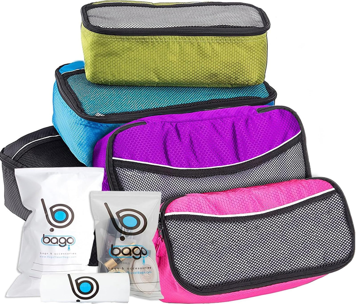 bago 8 Pcs Packing Cubes For Travel - 5 Packing Cube with 3 ZipLock Bags - Travel Cubes to Get Maximum Storage, Save Time & Effort to Pack - Happy Traveling (BlackBluePurpGreenPink)